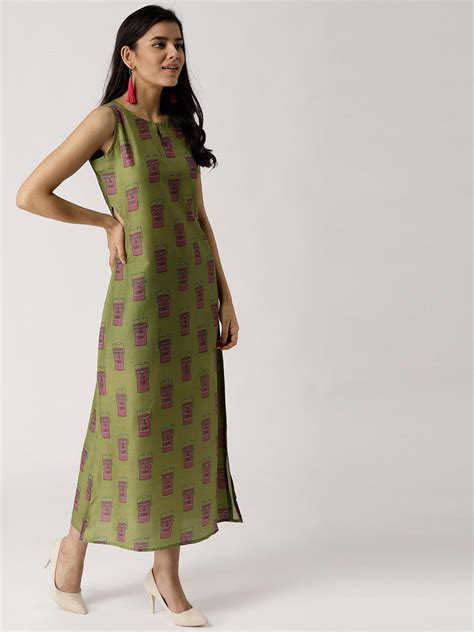 Olive Green Printed Silk Dress .